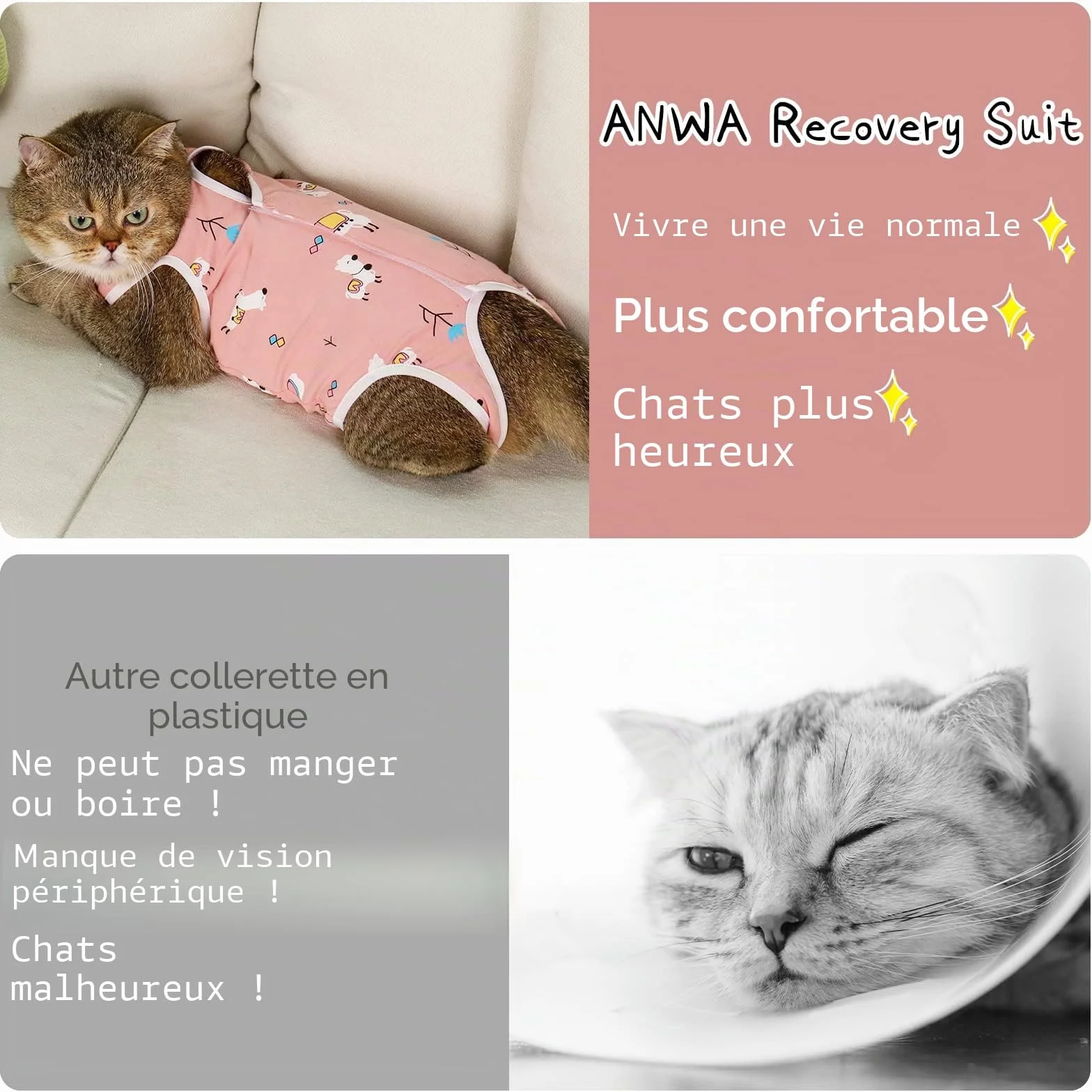 Lot de 2 Combinaison pour Chat Plaies Abdominales, Gilet de Récupération et de Protection Respirant, Idéal Après Chirurgies (Alpaga+Bonbons, M)