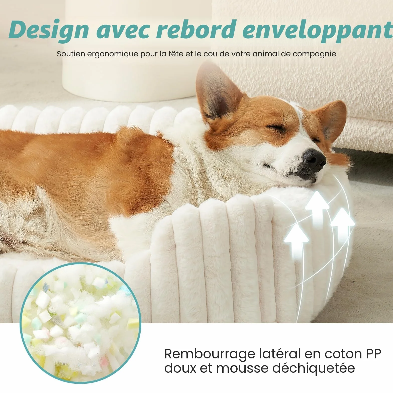 COZY KISS Panier Orthopédique pour Chat Lavable en Fausse Fourrure 64x53x15cm Beige