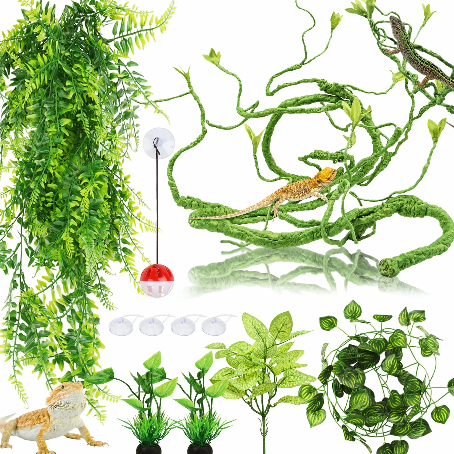 QUOZUO Décoration pour lézards, Plante suspendues Artificielle Terrarium Grandes Plante Decoration Vignes Branche Decorative pour Lézard Escalade