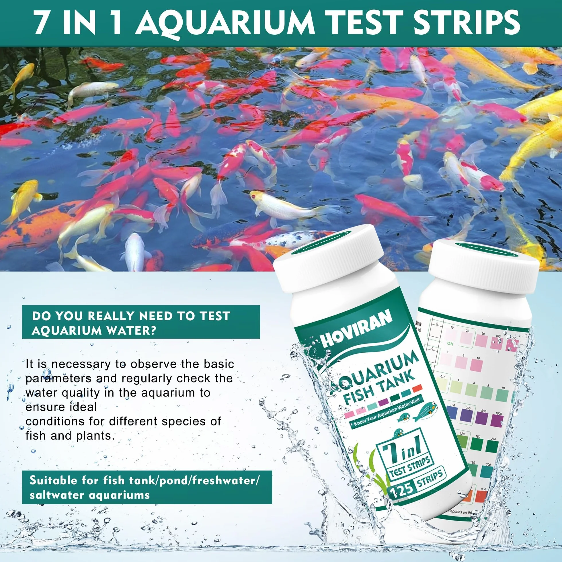Bandelettes de test pour aquarium 7 en 1, 125 pièces, kit d'analyse d'eau douce et salée, chlore, dureté totale, carbonate, alcalinité, nitrate