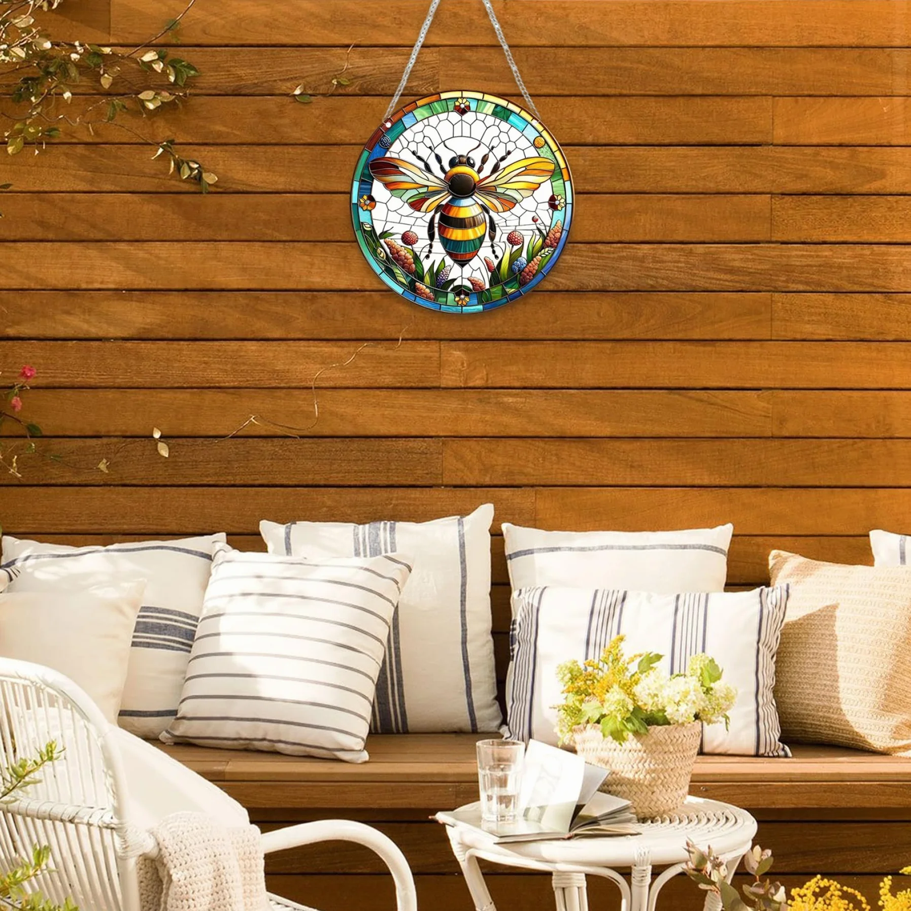 Vitrail Suspendu Abeille Décor Verre 7,87/20 cm pour Maison Jardin