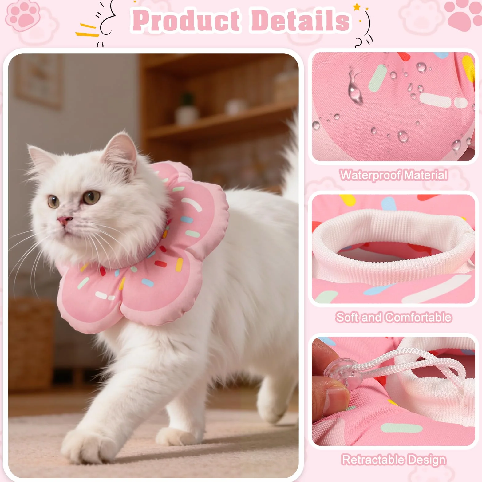 Collier Anti Léchage pour Chat, Colerette Adjustable Imperméable, Beignet Rose