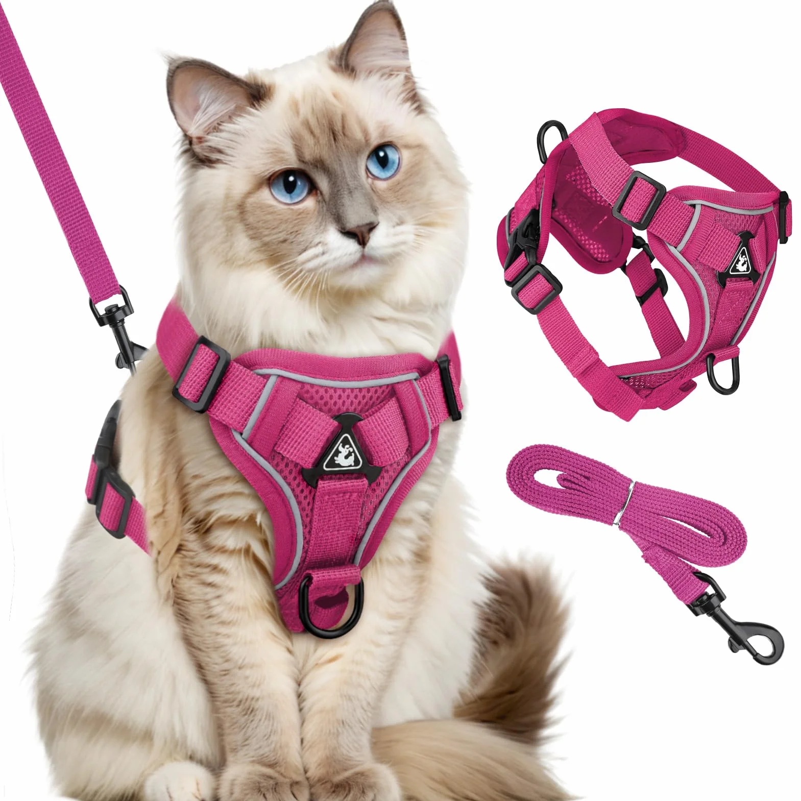 Harnais Chat avec Laisse Réglable Réfléchissant Anti Évasion Souple Respirante Rose Rouge-M