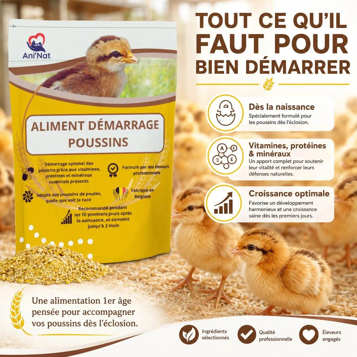 AniNat 1.8kg Aliment démarrage Poussins Nourriture 1er âge vitamines protéines minéraux huiles essentielles Adapté Naissance sans OGM sans Antibiotique