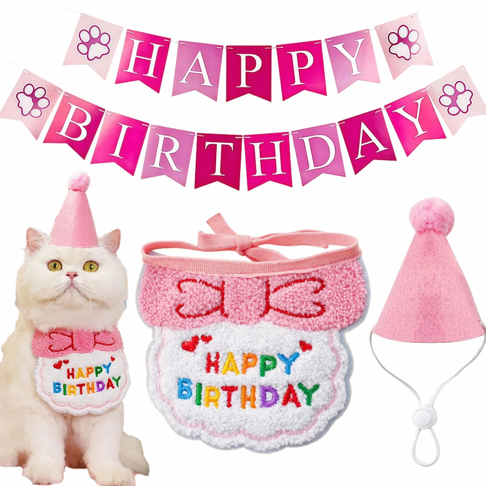 SSKHE 3PCS Chapeau Écharpe Bannière d'anniversaire pour Petit Chien Chat, Fournitures De Fête d'anniversaire pour Kitten, Décorations Kit De Décoration Brodées avec Nœud Papillon (Pink, One Size)