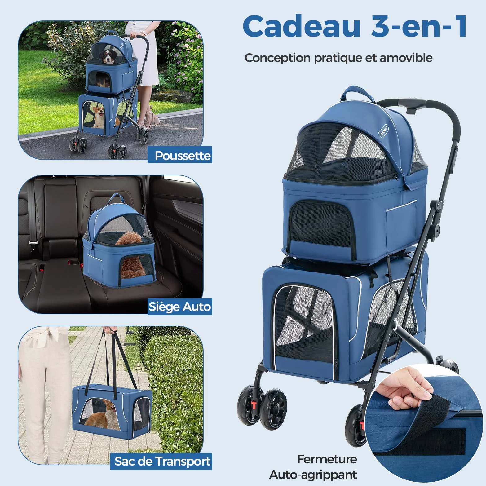 GOPLUS 3 en 1 Poussette Pliable à 2 Niveaux pour Chien Chat, 2 Sacs Détachables, Fenêtre en Maille, Roues avec Freins, Coussins Amovibles, Chariot de Voyage pour Chiens, Chats (Bleu)