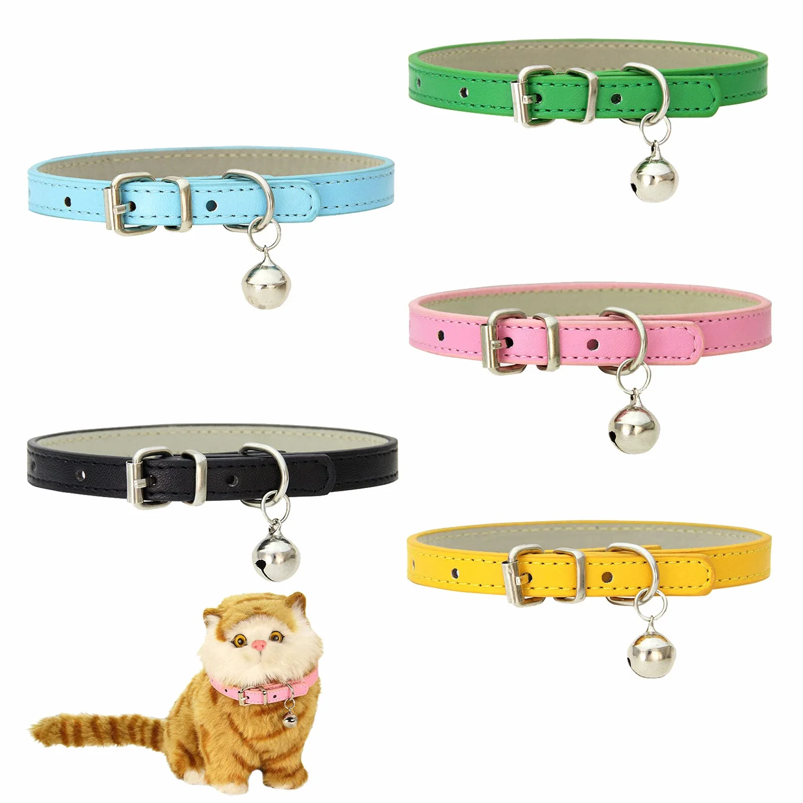 Colliers Chat en Cuir Anti-Perte avec Cloche Boucle Réglable Métal 5 Pièces