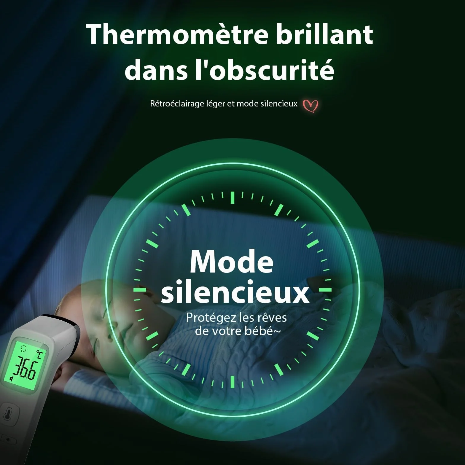 Thermomètre Frontal Sans Contact Infrarouge Médical Numérique pour Adultes et Bébé avec Écran LCD, Mode Muet, Mémoire