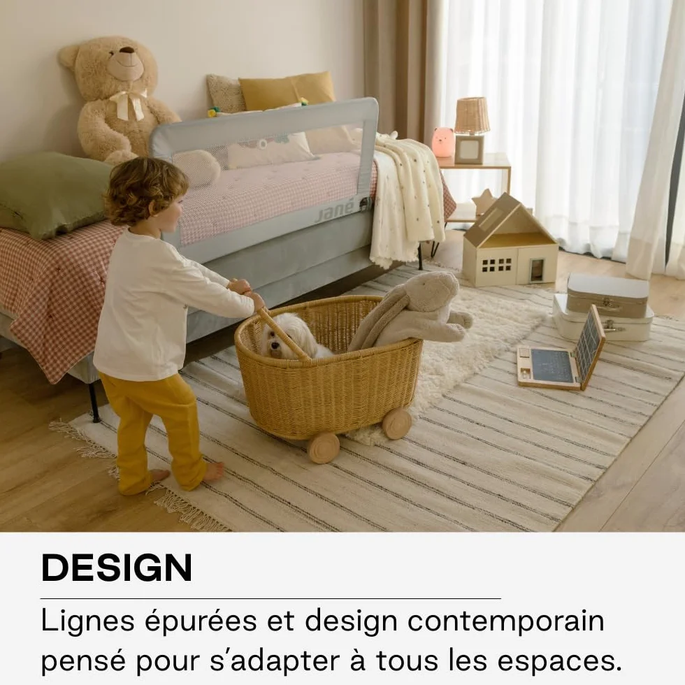 Jané Barrière de Lit Rabattable 140 cm, Extra Haute, Maille Respirante, Sac de Transport Inclus, Gris