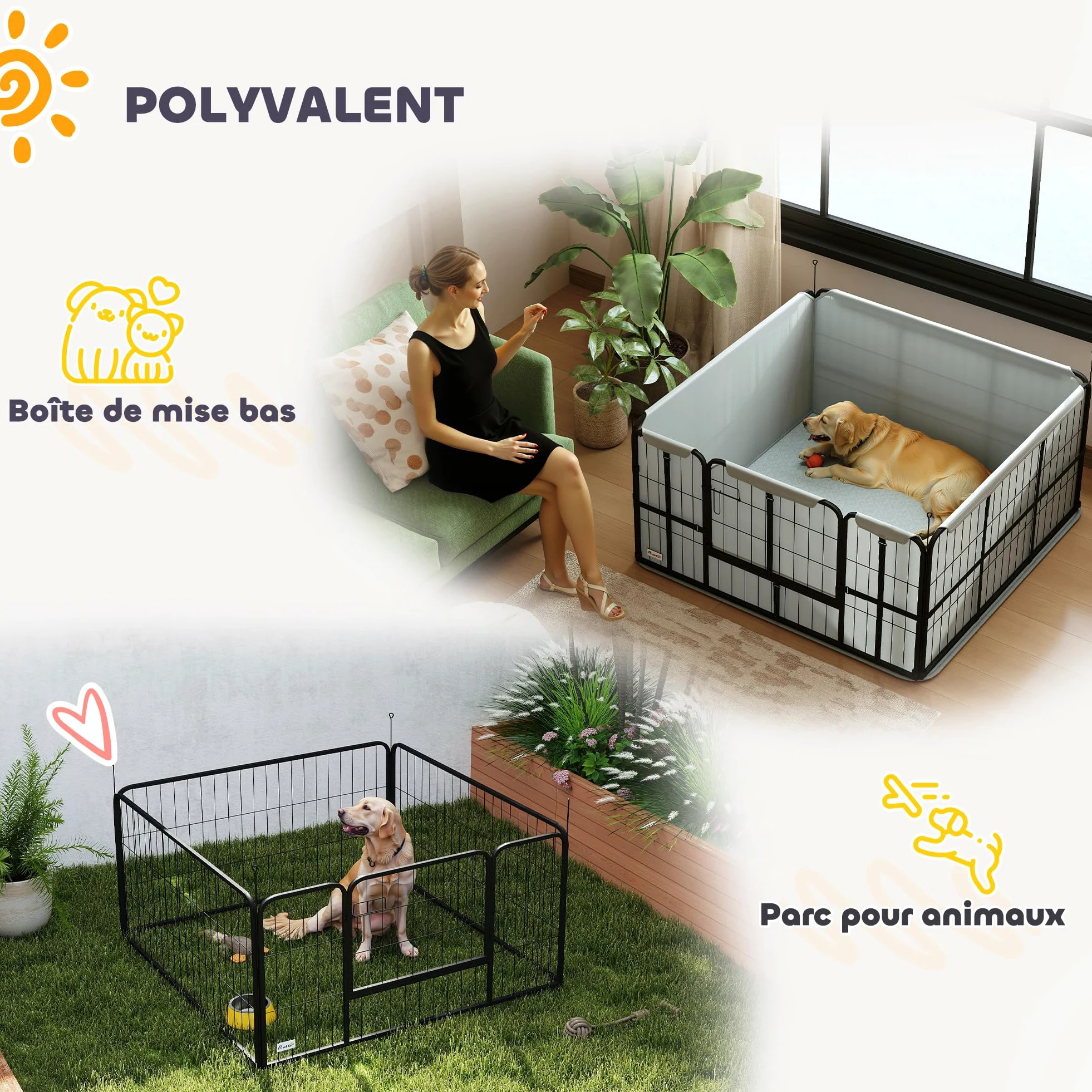 PawHut Parc de Mise Bas pour Chien, Caisse de Mise Bas pour Chiens, avec Porte verrouillable, Tissu Oxford 600D, Tapis de propreté Lavable, enclos Chien, en Acier, 122 x 122 x 60 cm, Noir | Caisse de Mise Bas, Porte Verrouillable, Tissu Oxford 600D, Tapis