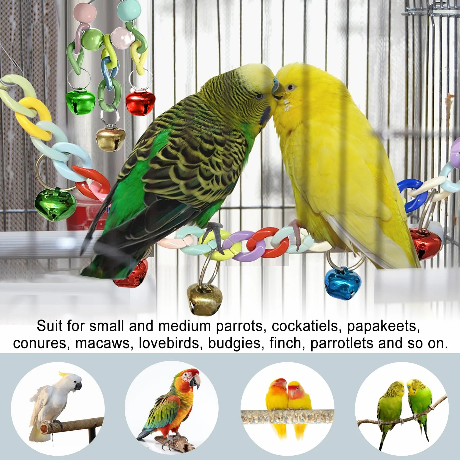Jouets pour Oiseaux 7 Pièces Jouet Perroquet à Mâcher Suspendre Accessoire Cage Balançoire Échelle Cloches