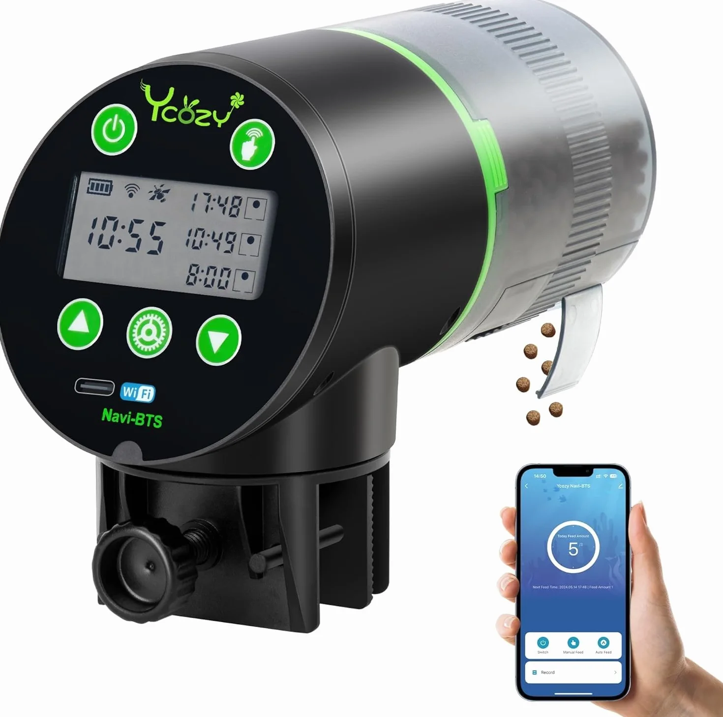 Ycozy WiFi Distributeur Automatique Poisson Aquarium, Alimenté par Prise UE et USB-C, Minuterie Ecran LCD