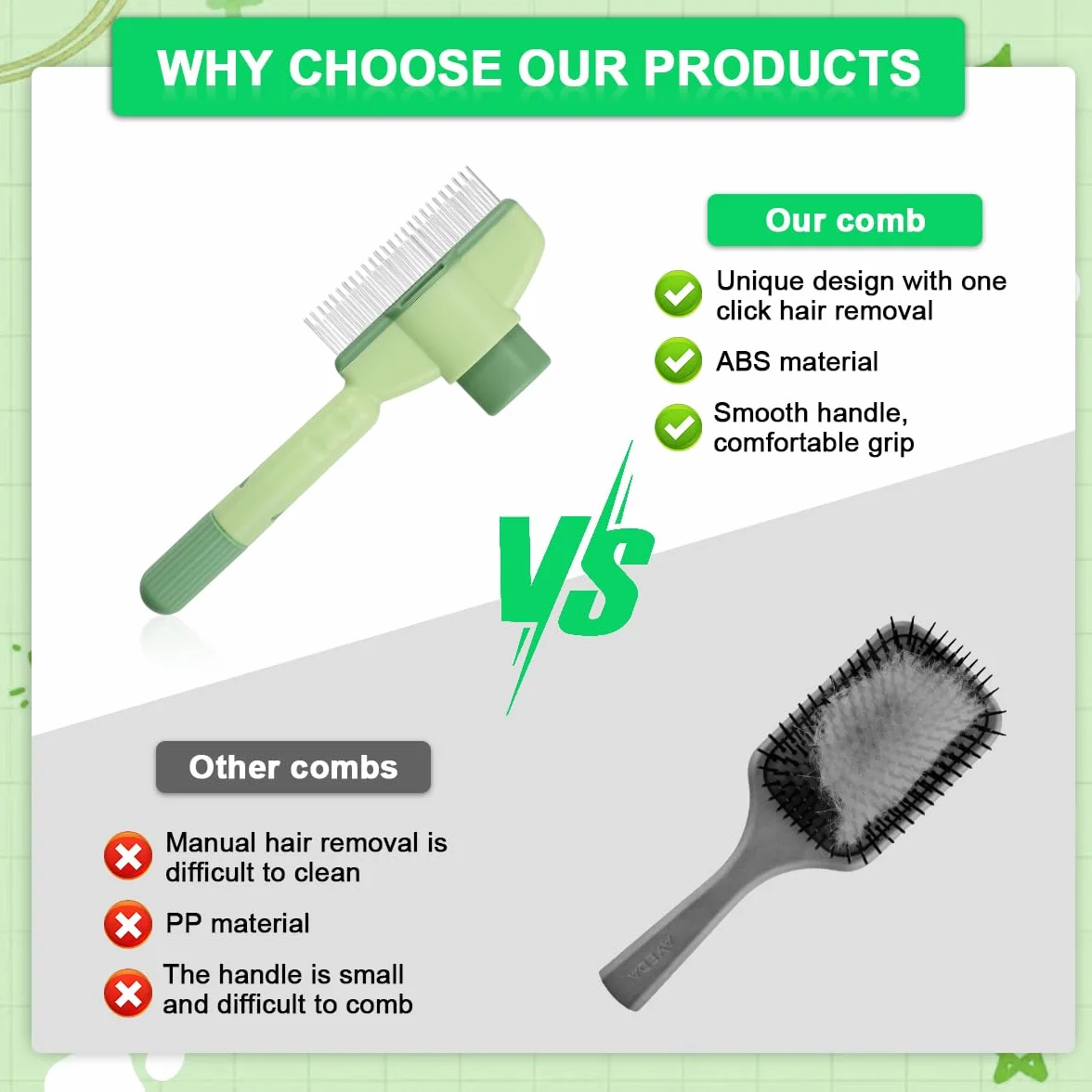Peigne anti-puces autonettoyant pour chats, brosse de toilettage avec bouton, nettoyage rapide poils errants (vert)