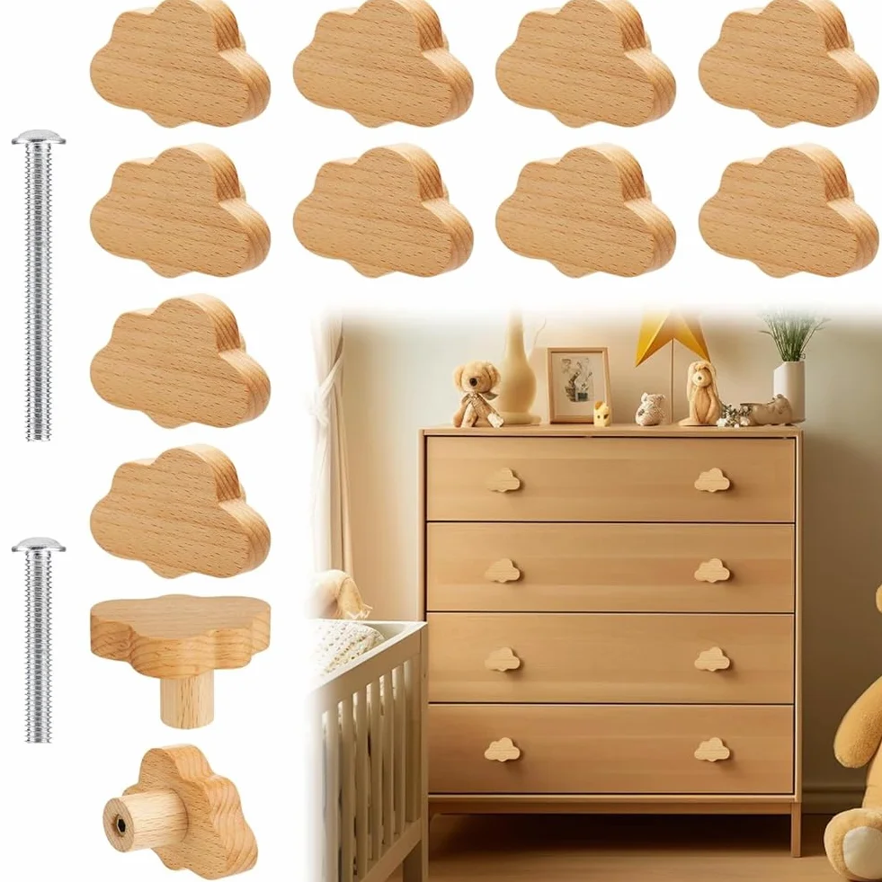 Boutons d'armoire design nuage en bois pour chambre d'enfant, bohème, lot de 12 avec vis
