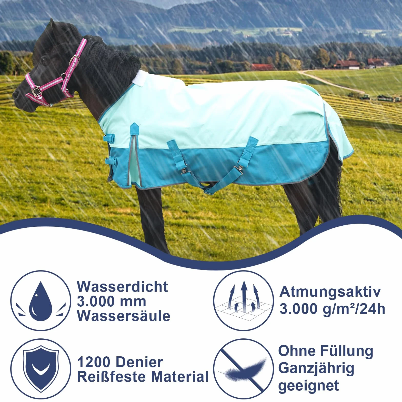 Couverture de pluie 1200D imperméable pour poney, sans rembourrage, légère et respirante