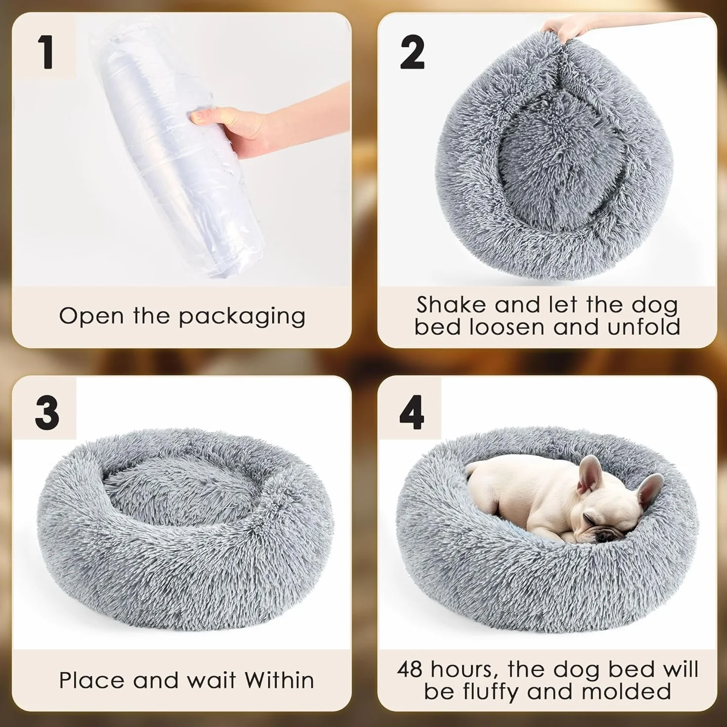 Lit pour chien moelleux rond en forme de donut, lavable avec fond antidérapant, 70 cm, gris