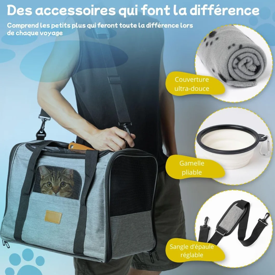 Sac de Transport pour Chat et Chien - Caisse Pliable Homologué Avion avec Bol et Couverture