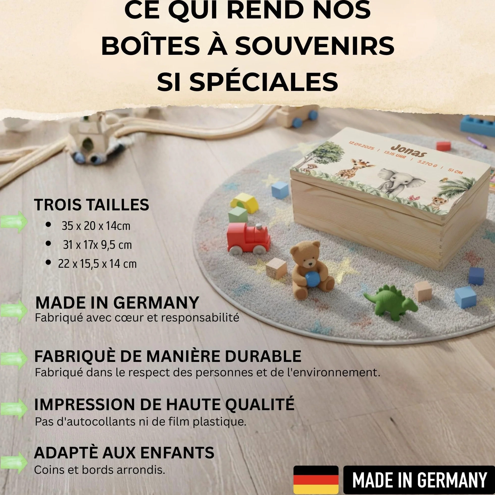 Boite Souvenir Bebe Personnalisée avec Nom Différentes Tailles Motifs Dates Naissance Inspirante