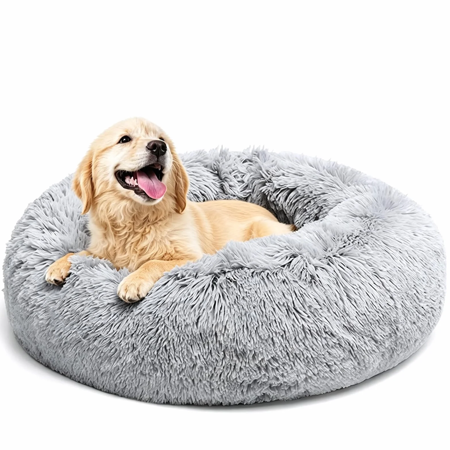 Lit pour chien moelleux rond en forme de donut, lavable avec fond antidérapant, 70 cm, gris