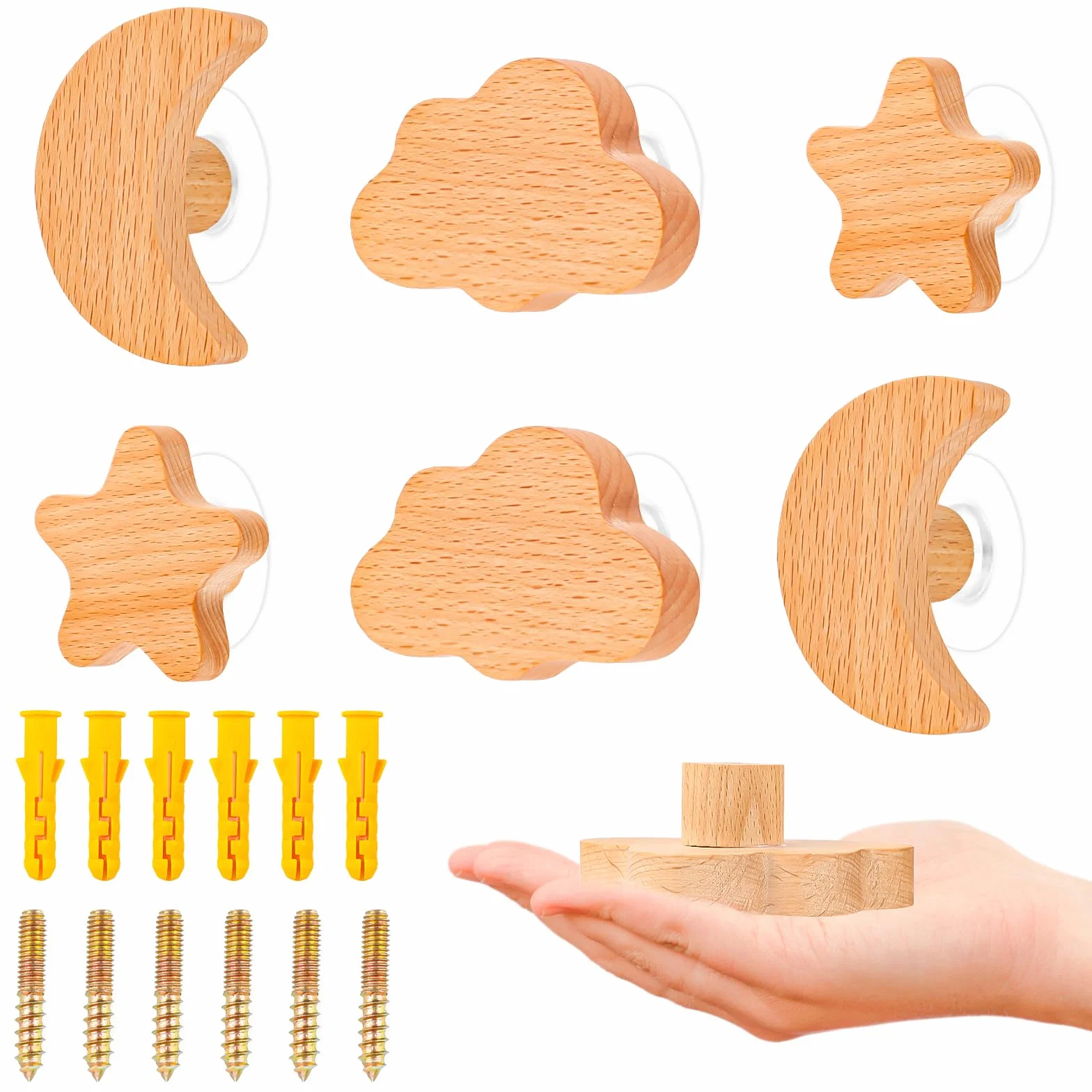 Lot de 6 boutons d'armoire en bois pour chambre d'enfant - Étoiles, lune, nuages - Poignées en bois