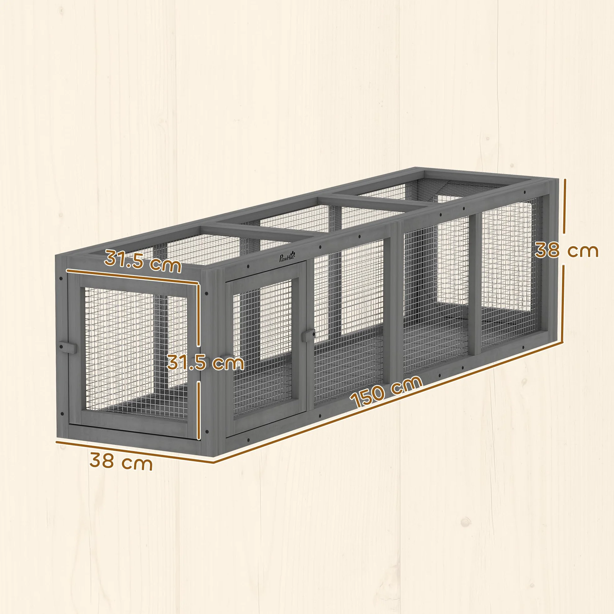 PawHut Tunnel pour Chat d'extérieur 150 cm Enclos de Jeu en Bois Parc Extensible avec 3 Portes pour Chatons Chiots Gris