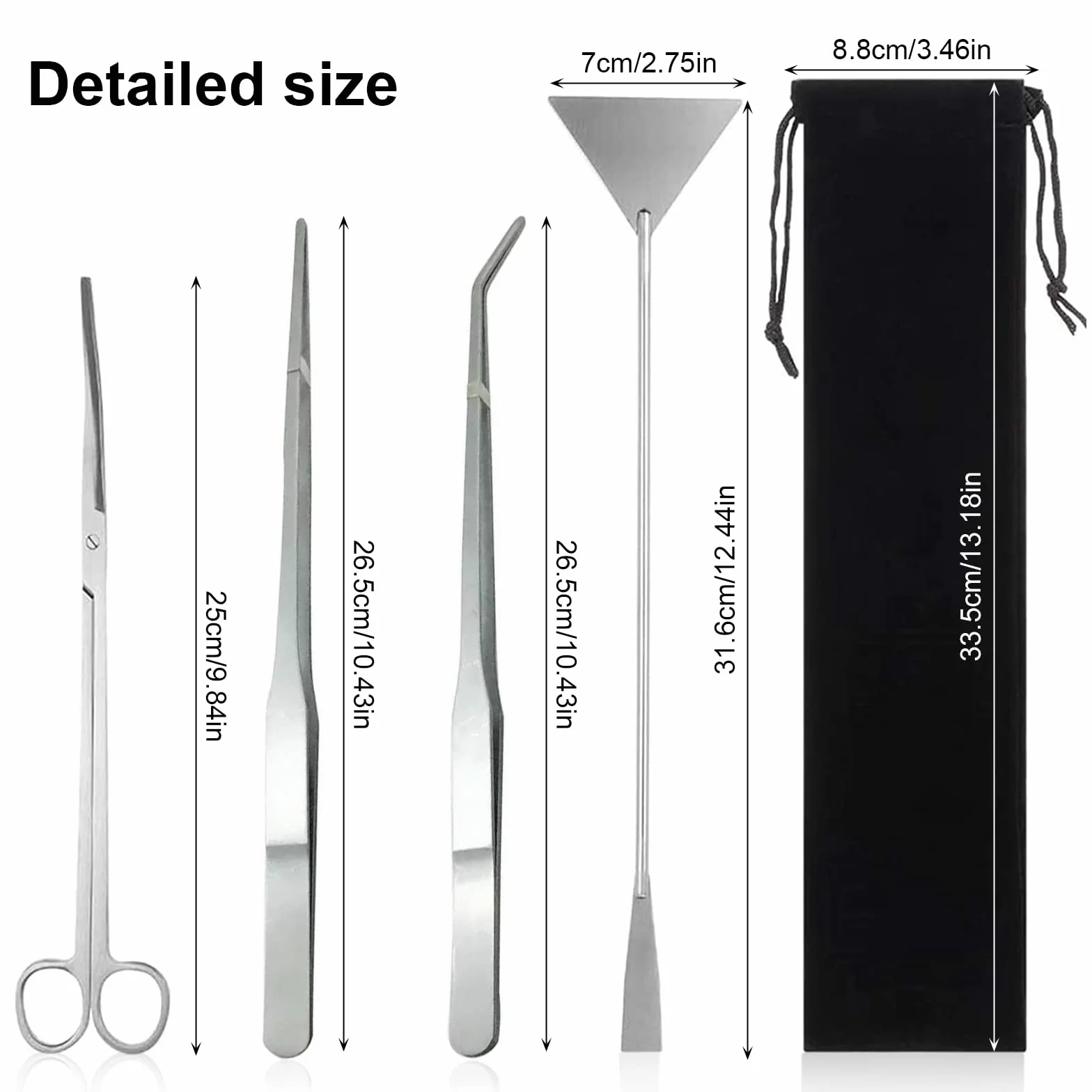 Kit d'aquascaping 4 en 1 en acier inoxydable - Ciseaux d'aquarium et pince à épiler longue avec sac de rangement