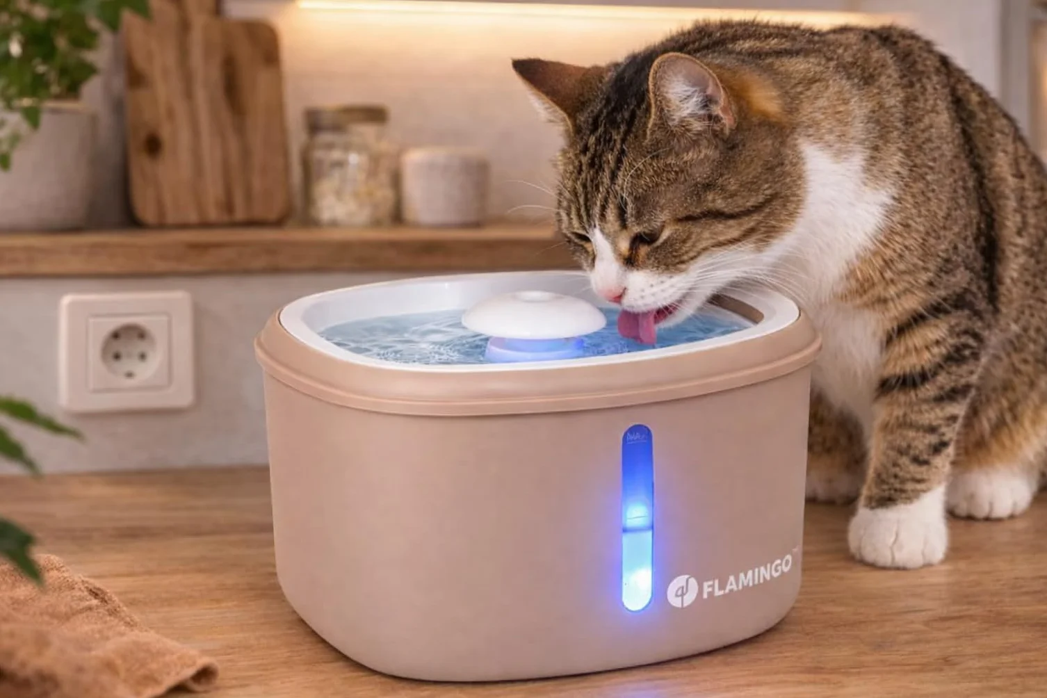 Fontaine à Eau Chat Flamingo Finto Beige 2,5L Plastique Pompe Silencieuse Arrêt Auto Filtre Charbon Actif Résine Indicateur Lumineux