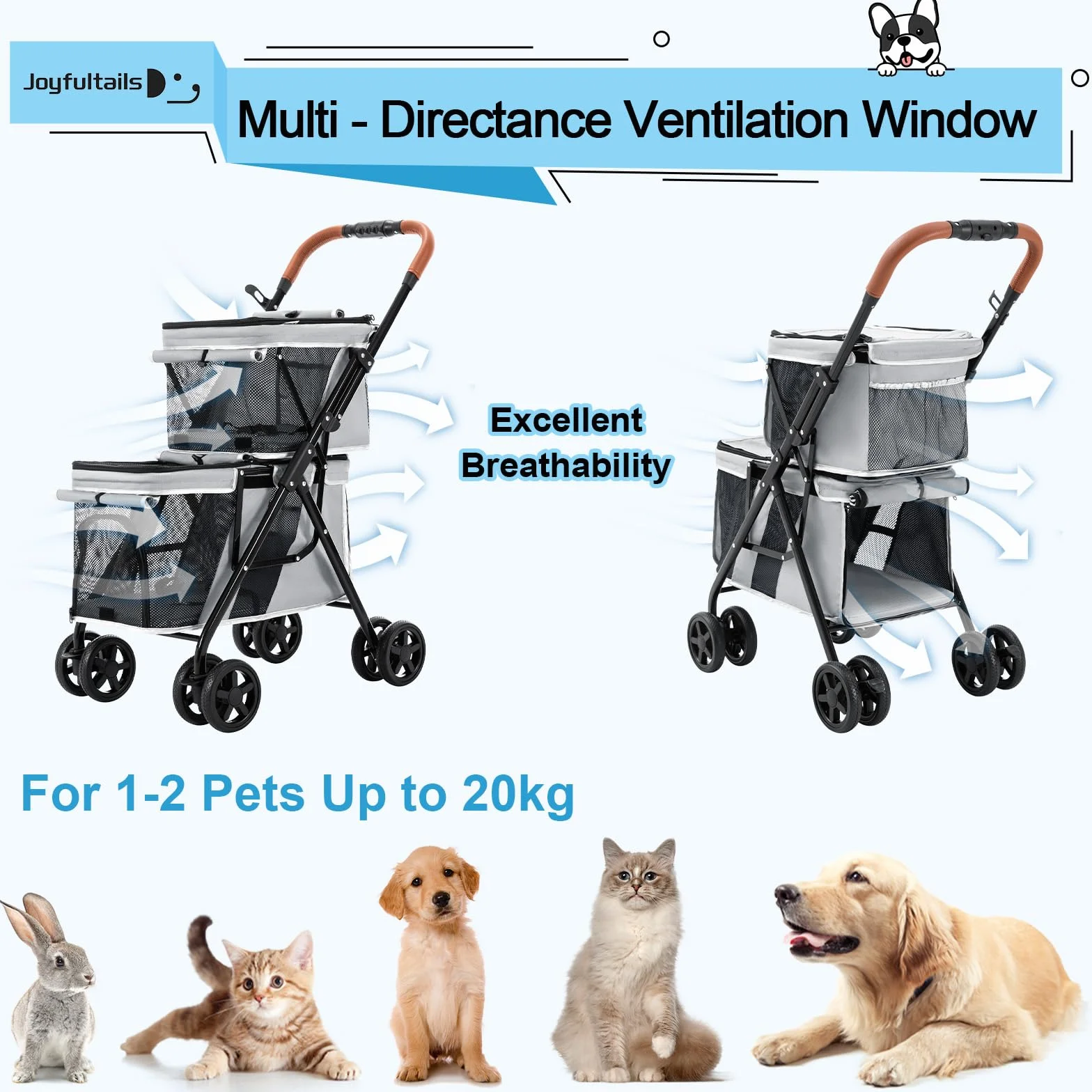 Poussette pour Chien Chat Pliable Double 4 Roues Amorties 20kg Chariot Tout-Terrain avec Panier de Rangement Gris