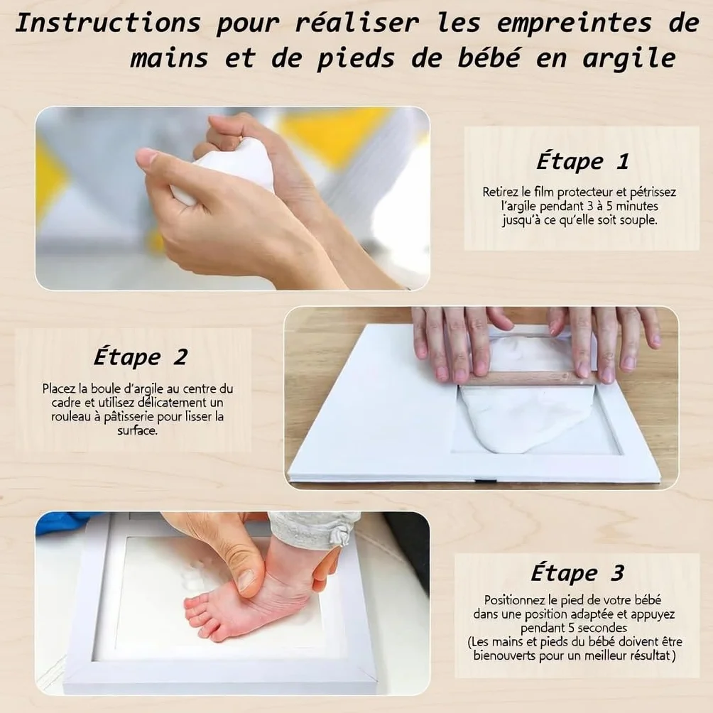 Kit Empreinte Bébé avec Cadre Bois – Empreinte Main et Pied Bébé Argile – Cadeau Baby Shower Naissance