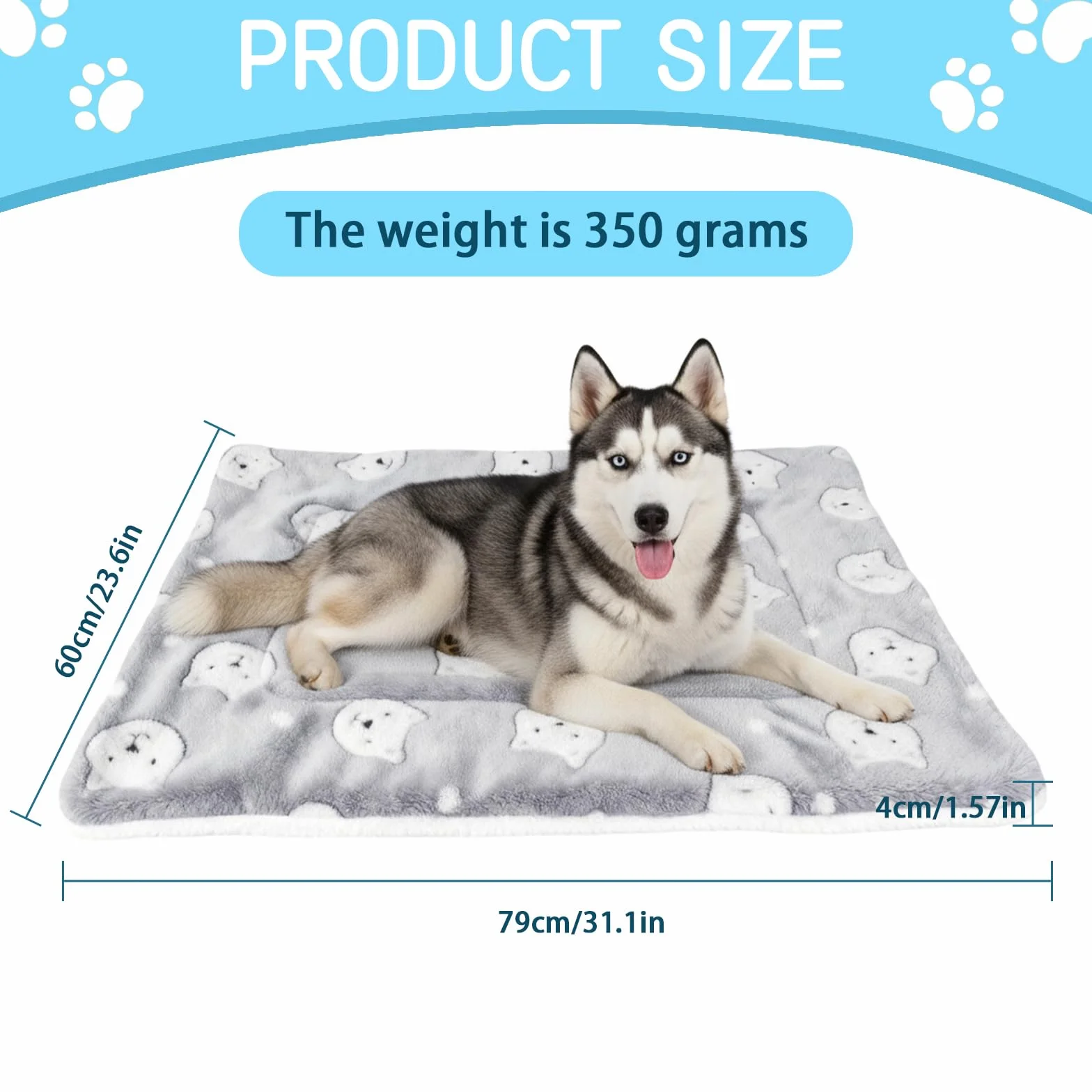 Tapis pour Chien Motif Ours Réversible 79x60 cm Gris Couverture Chaude