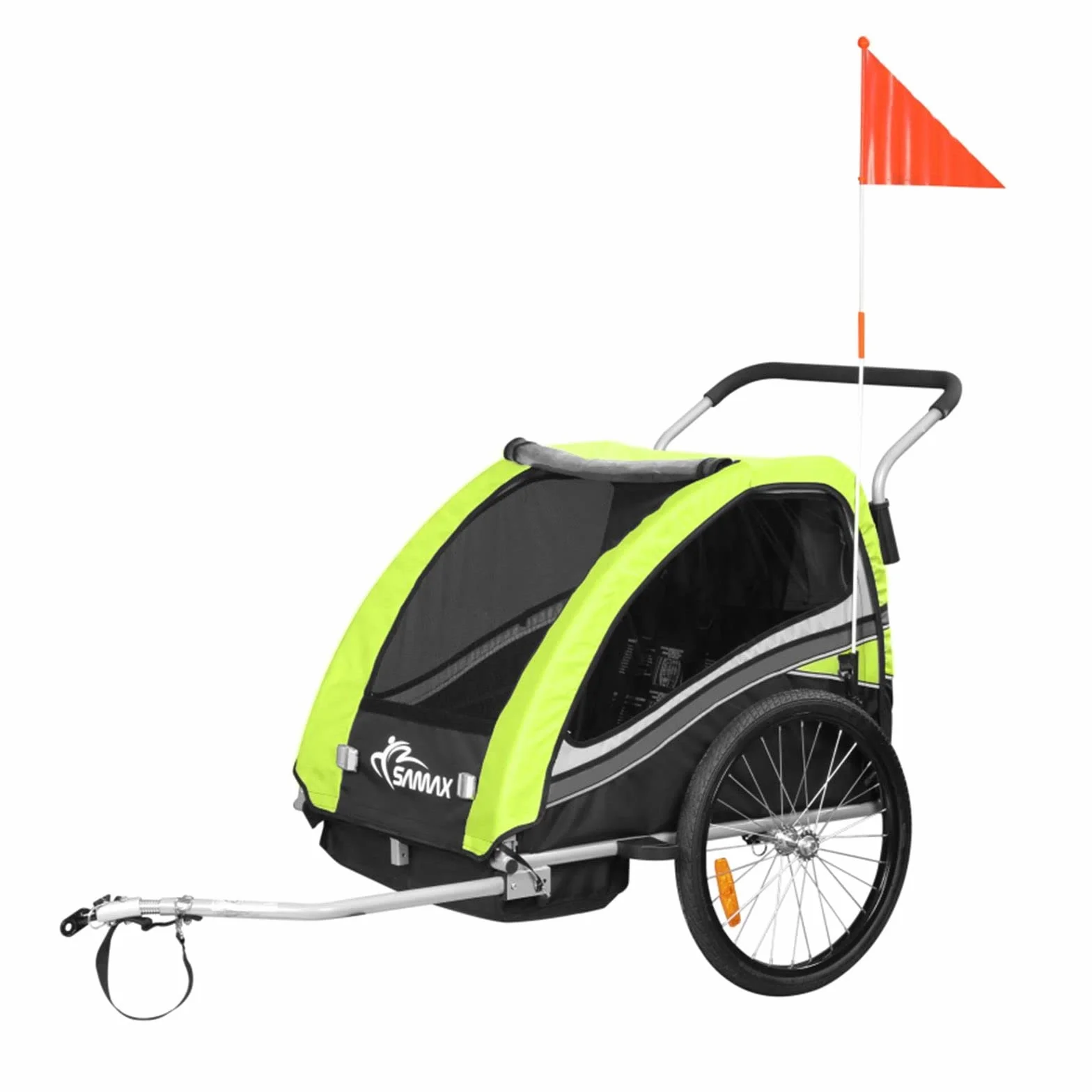SAMAX Remorque Vélo Convertible Jogger 2en1 360° Rotatif pour 2 Enfants Amortisseur Transport Poussette Vert - Black Edition