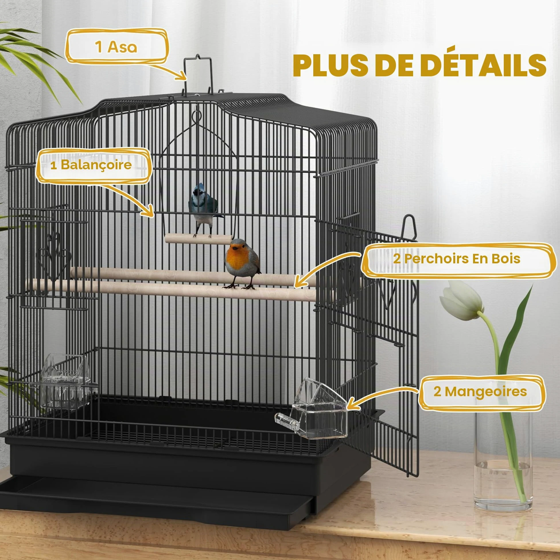 PawHut Cage à Oiseaux avec perchoirs pour Petit Oiseau 46,5x36x59 cm Noir | Gamelles, Balançoire, Cage à perroquet pour Budgie, Perruche