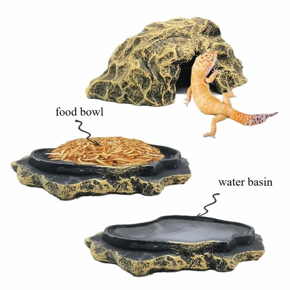 Cachette pour reptile en résine avec bac à nourriture - OMEM, abri pour gecko lézard serpent grenouille araignée (marron)