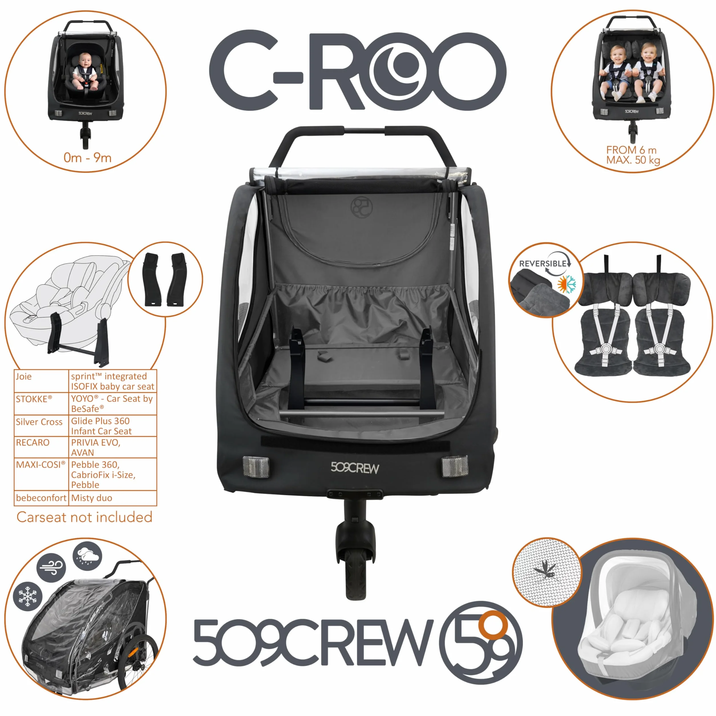 C-ROO Remorque de vélo multi-usage Infant Ride Newborn 50 kg filet anti-moustiques 2 housses siège