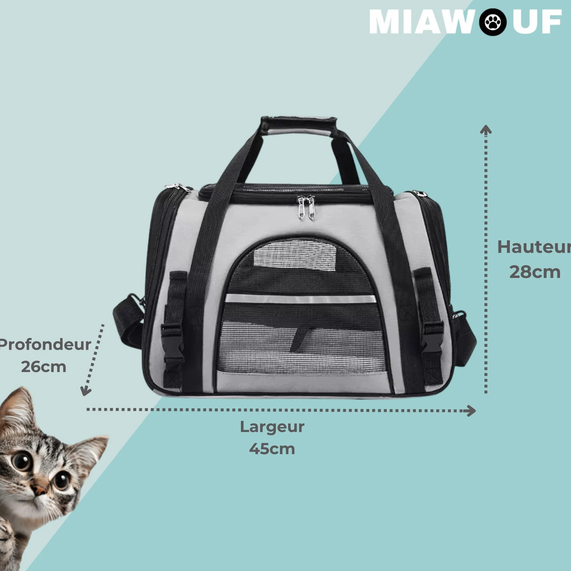 Miawouf Sac Transport Chat Caisse avec Bandoulière Réglable Matelas Confortable 45cm 28cm 25cm Small-Medium 5KG
