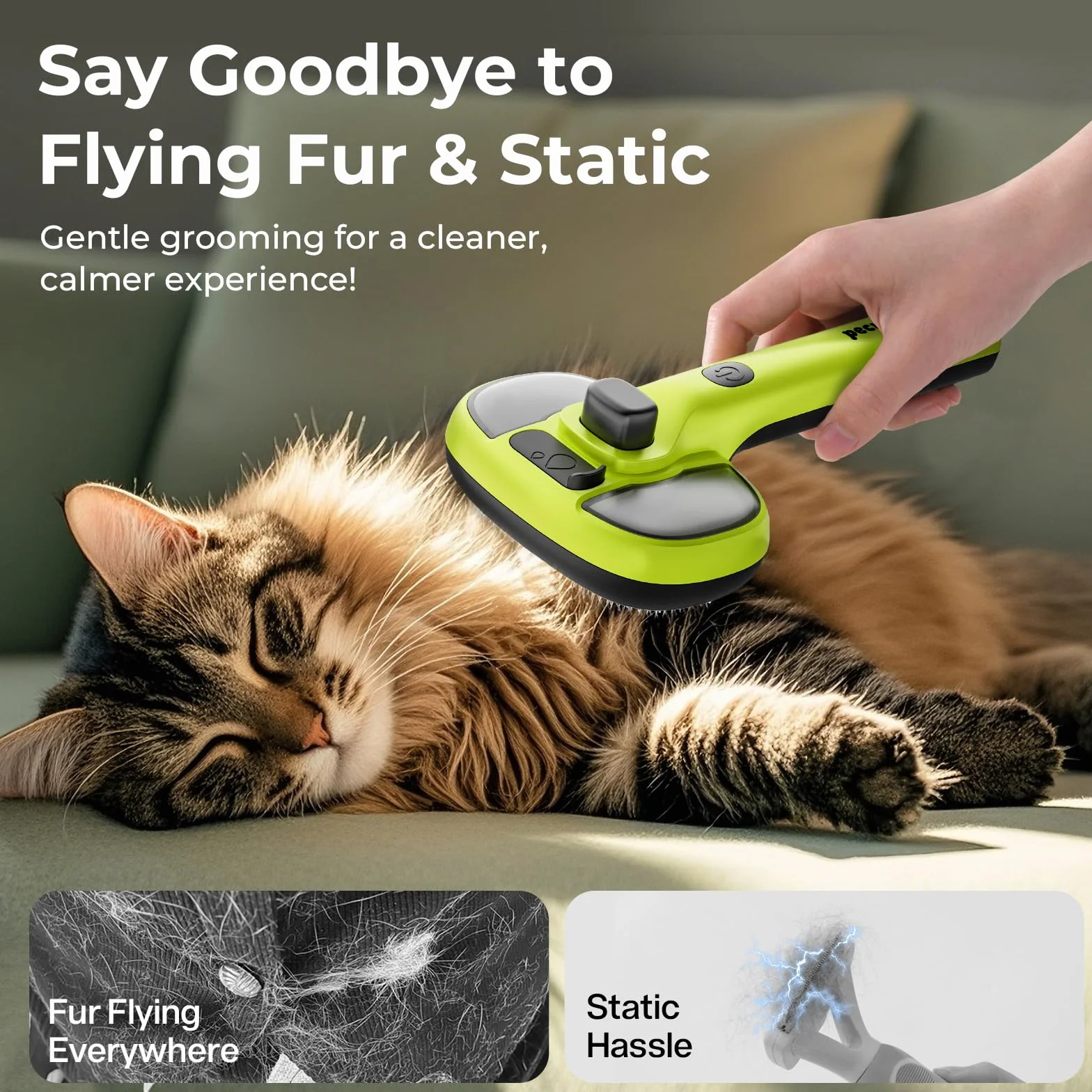 Pecute Brosse Autonettoyante Chat Chien Vapeur 2 Modes Pulvérisation Antistatique Vert