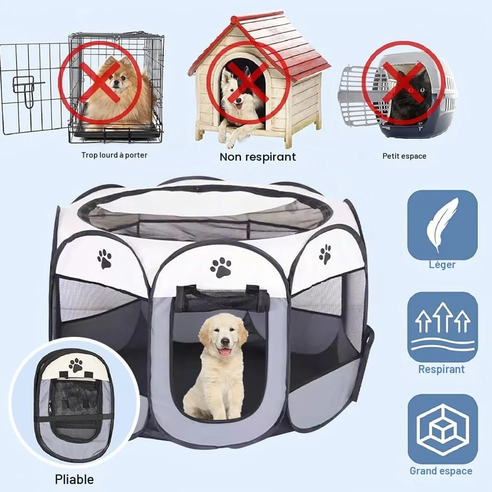 Parc pour Chien Portable Imperméable Toile Oxford Gris pour Chiots Petits Chats Lapins
