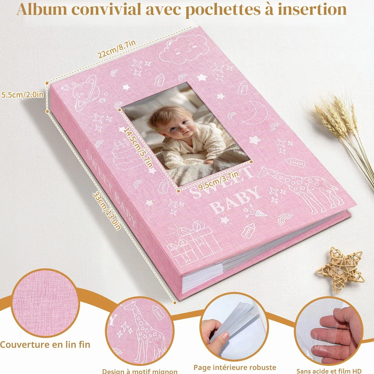 Album photo bébé 10x15 300 pochettes couverture rigide lin sans acide