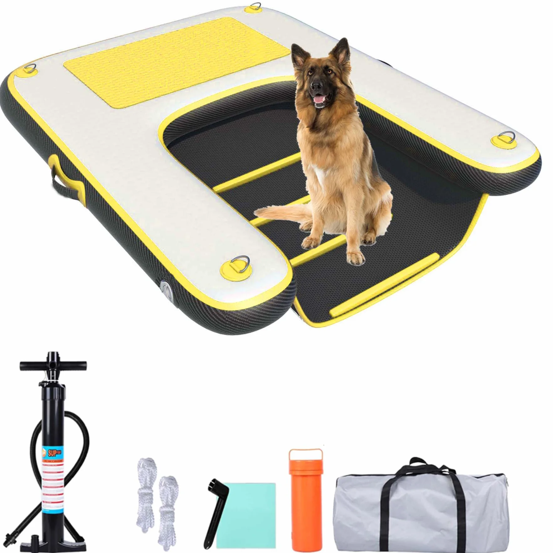 HEYLIFE Rampe d’Eau Gonflable pour Chien Jusqu’à 100 kg Piscine Lac Charbon | Rampes Pour Chiens Résistantes UV & Eau Salée, 150×100×10 cm, Antidérapant Anti-rayures, Pompe Double Action Kit accessoires