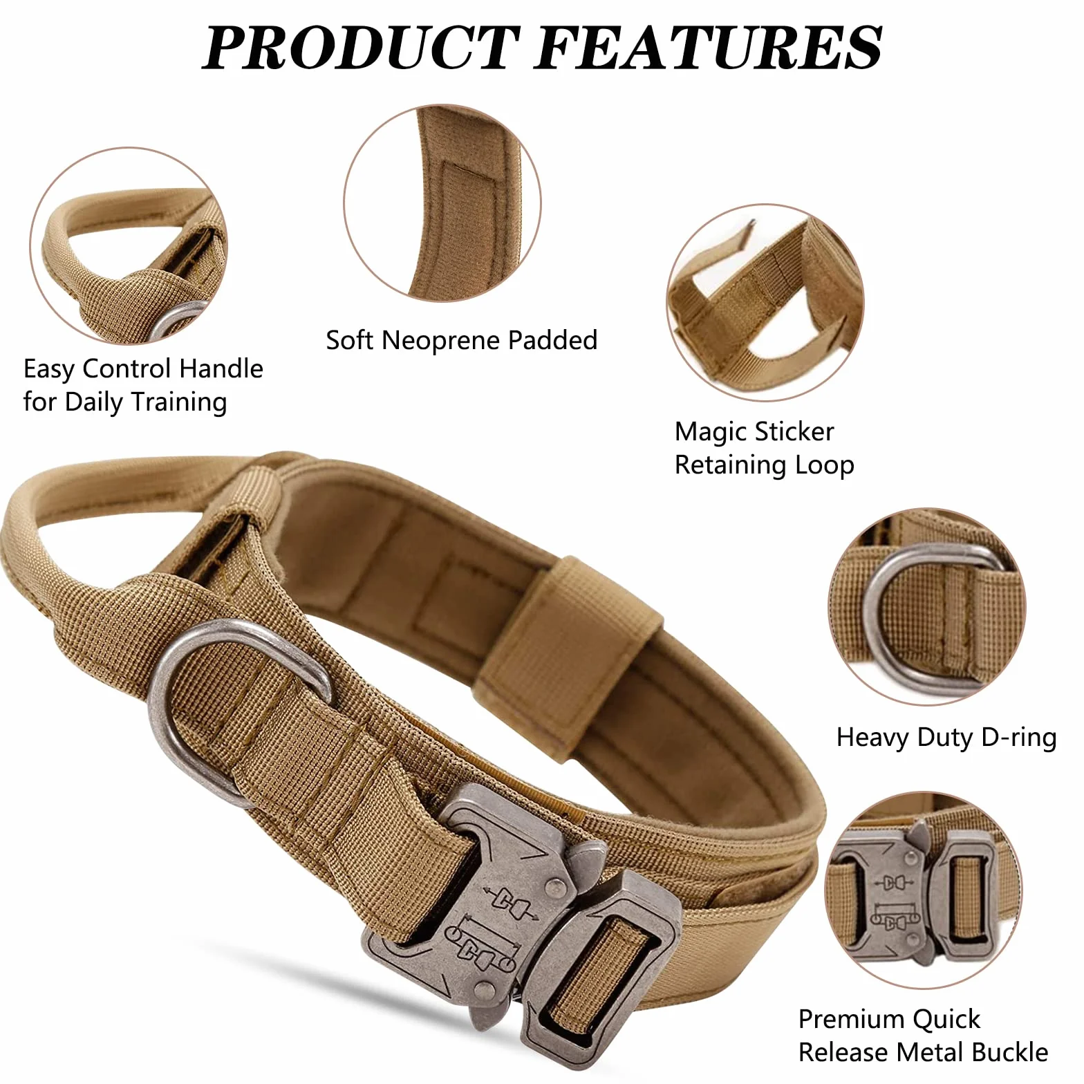 Collier de Chien Tactique Militaire en Nylon Réglable avec Poignée de Commande et Boucle Métal
