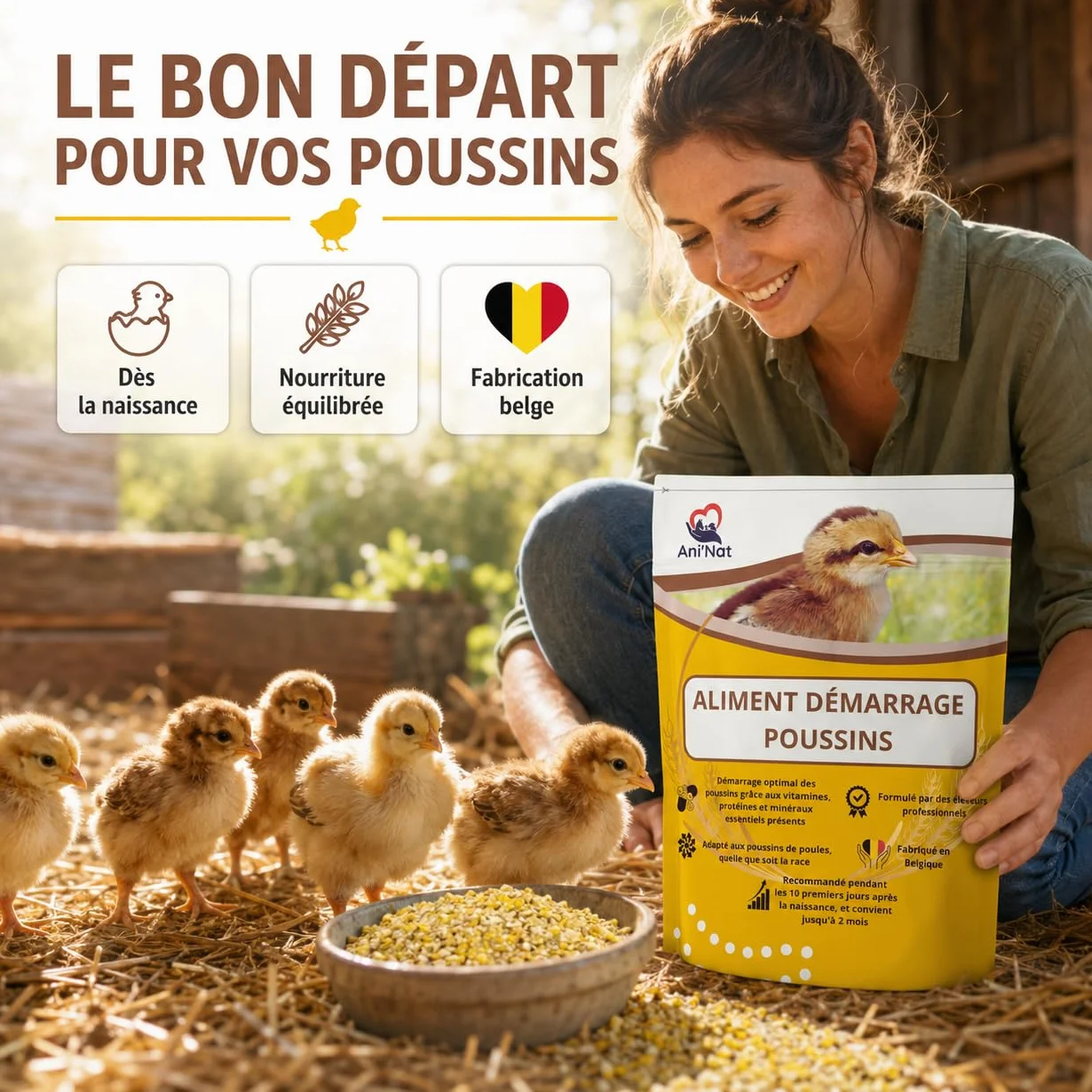 AniNat 1.8kg Aliment démarrage Poussins Nourriture 1er âge vitamines protéines minéraux huiles essentielles Adapté Naissance sans OGM sans Antibiotique