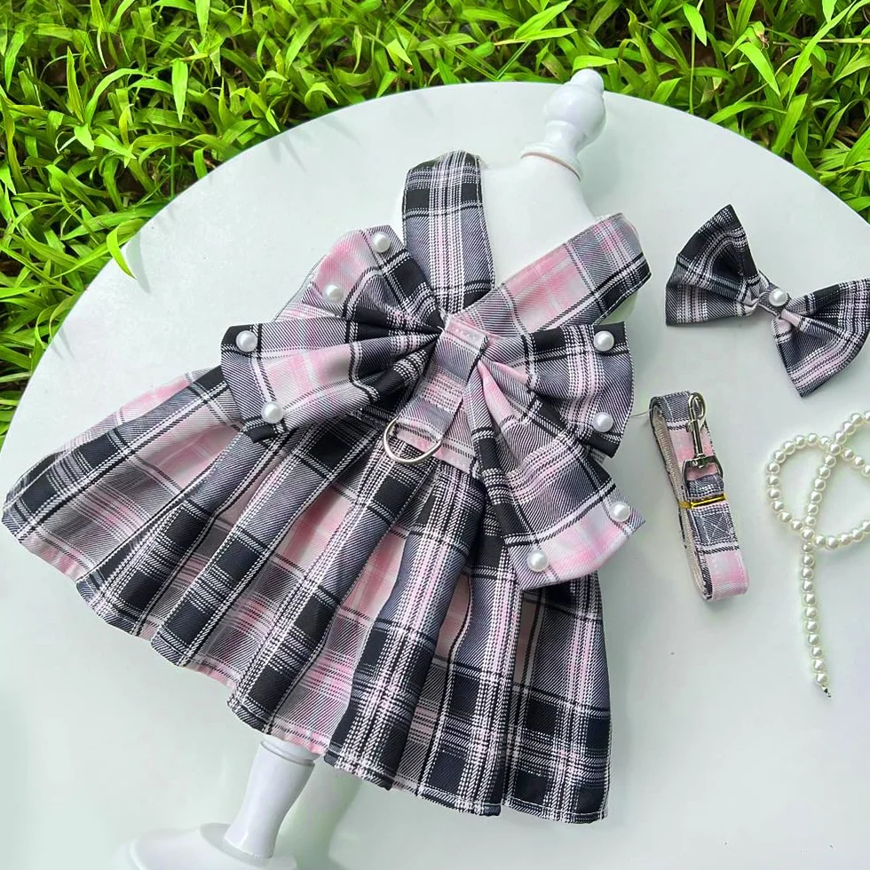 Robe pour Chien Tartan Rose Noir Noeud Papillon Vêtement Canin Respirant Mariage Cérémonies M