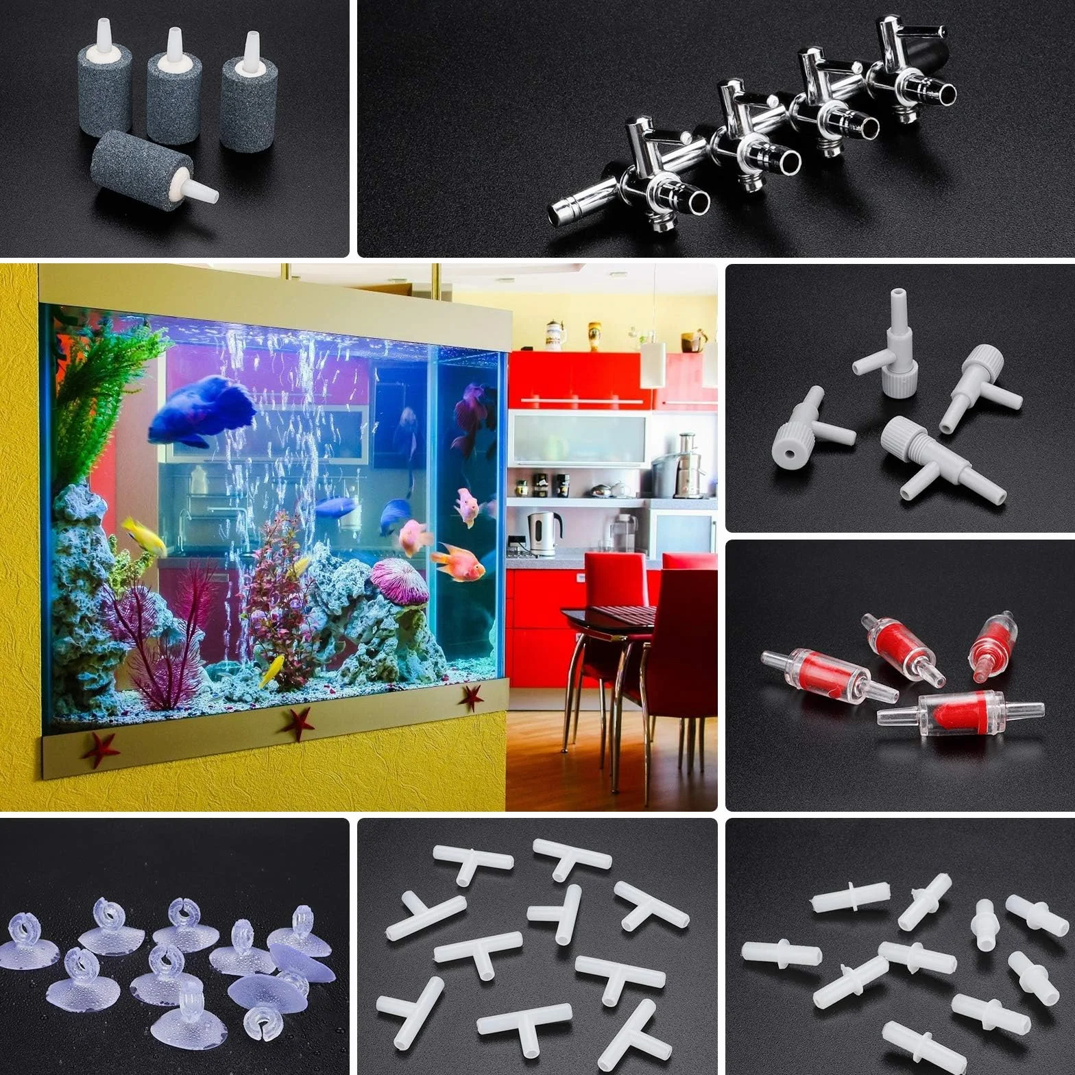 Contrôle du flux d'air pour aquarium, pierres à air, tuyaux 8 m, valves anti-retour, distributeur 4 voies