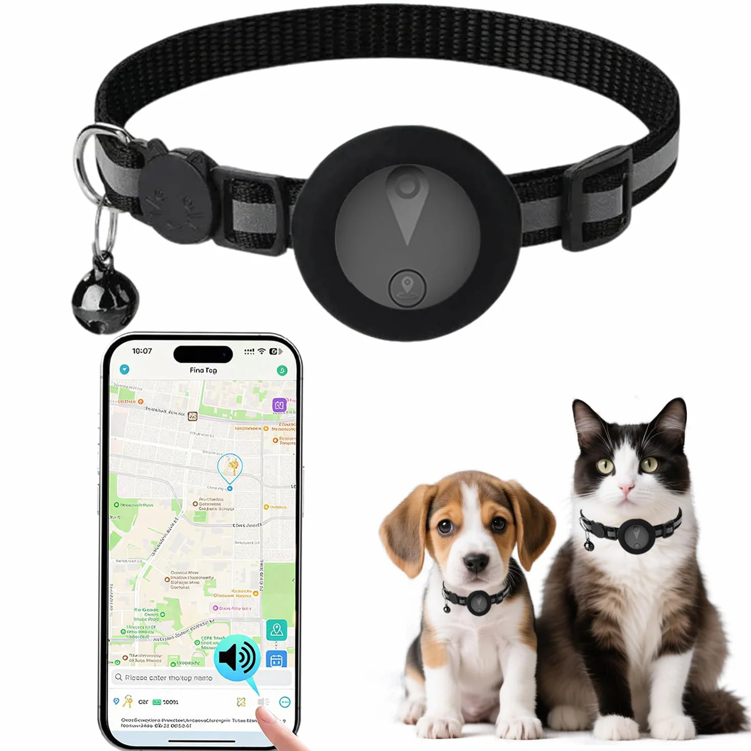 Collier GPS Chien Suivi Temps Réel Traceur Animaux IP67 Noir Compatible iOS Android Enregistrement 7 Jours