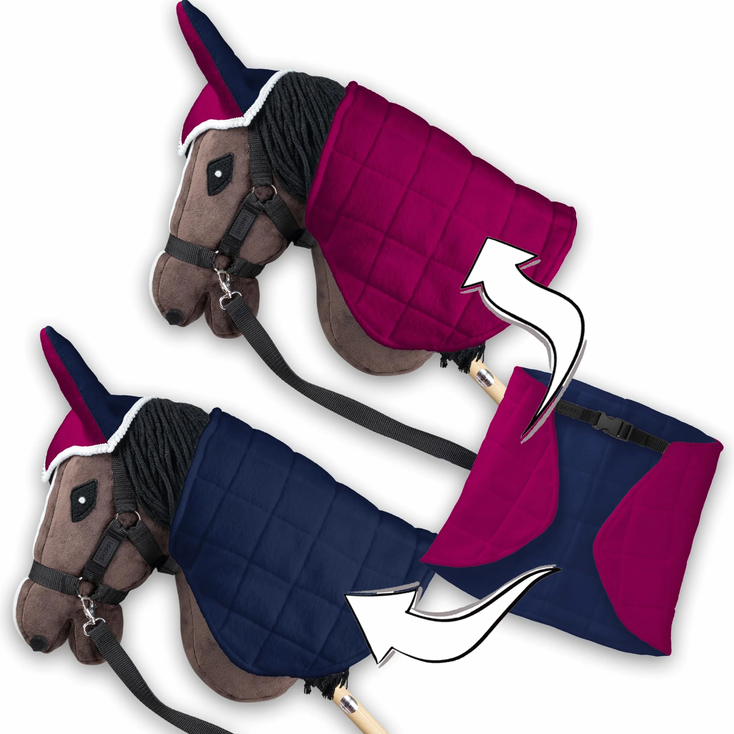 SKIPPI Couverture et Bonnet Hobby Horse - Fuchsia et Bleu Marine, Accessoire Réversible Anti Mouches