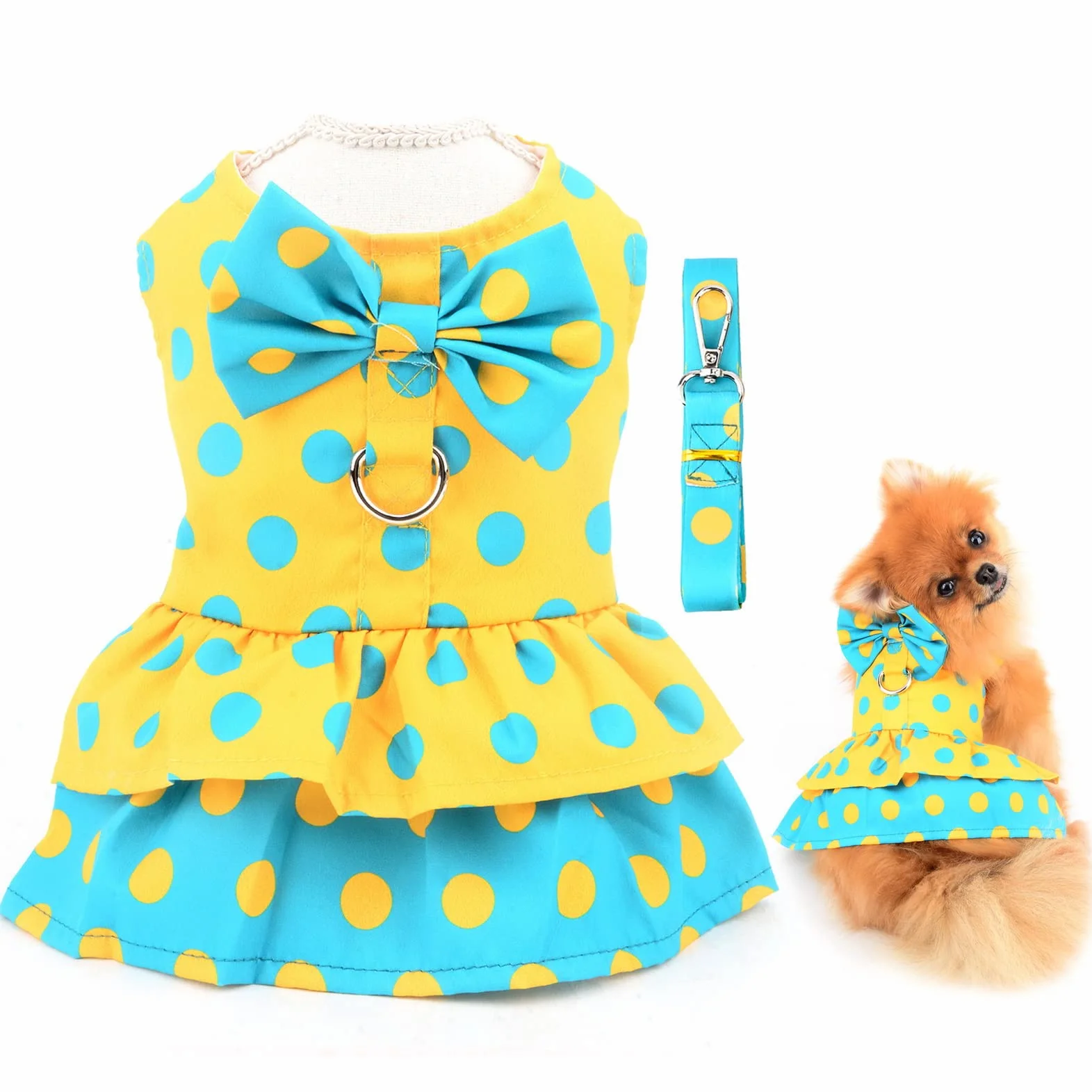 Robe Harnais pour Chien avec Laisse et Nœud - Anneau en D - Vêtements d'été - Pois Jaunes - Taille M