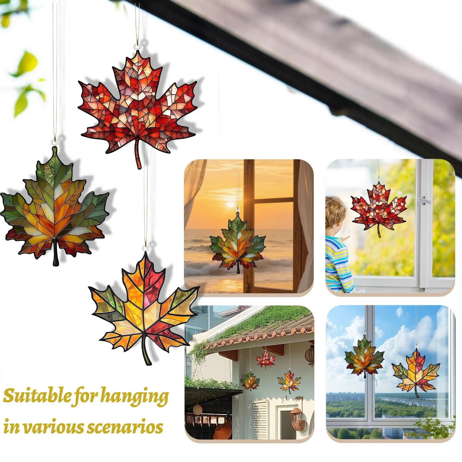 Lot de 3 feuilles d'érable en acrylique teinté - Attrape-soleil à suspendre à la fenêtre