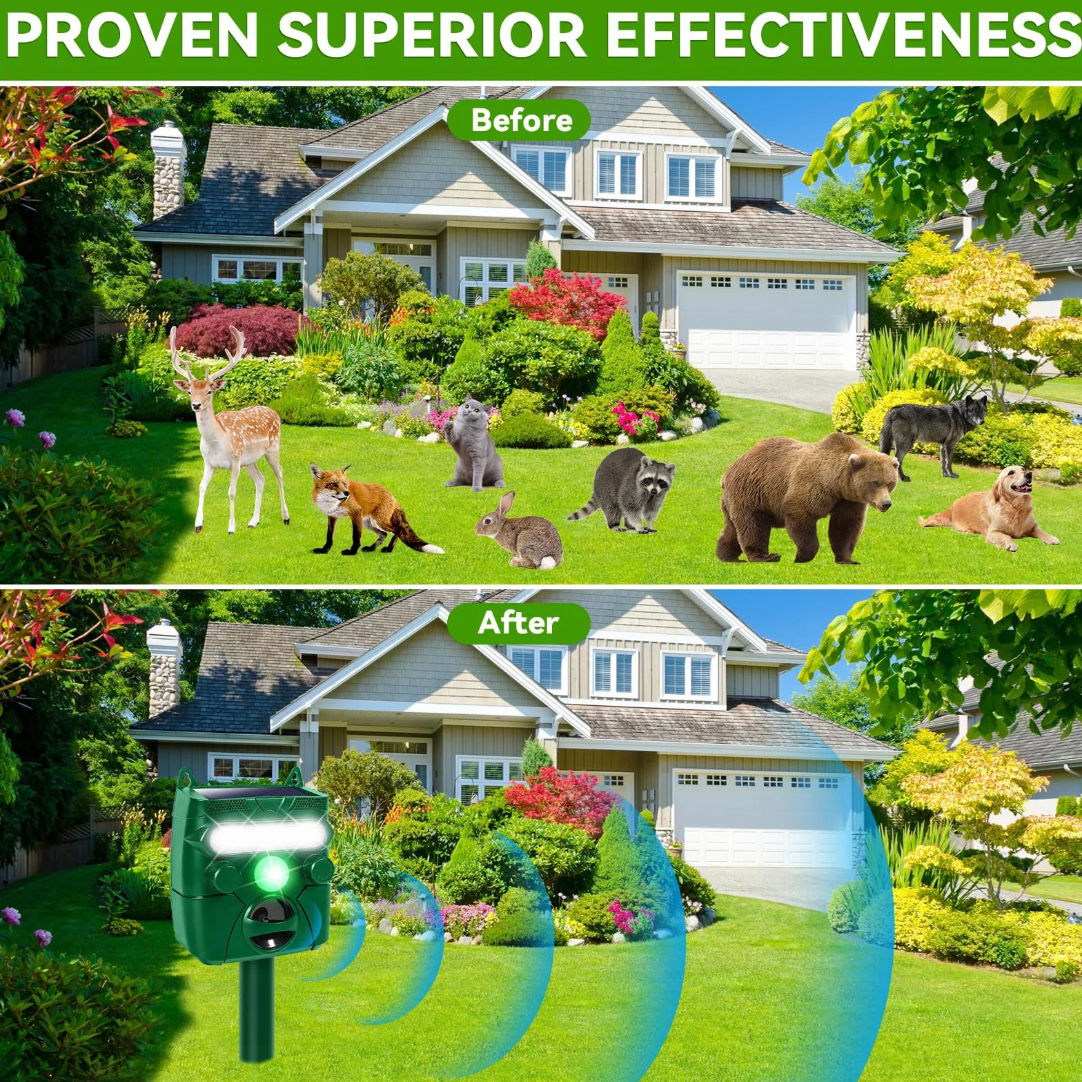 Répulsif pour Animaux à Ultrasons Solaire Extérieur avec Capteur, Charge USB pour Chat Chien Jardin