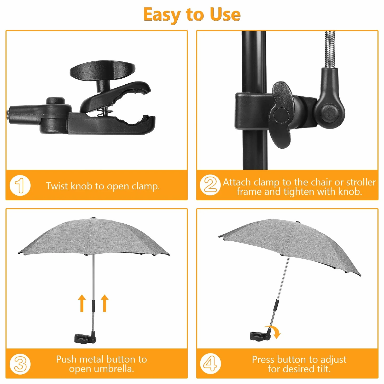 Ombrelle Parasol Anti UV Poussette Universelle 71 cm Fixation Tube Rond Oval Flexible Orientable Clip Fauteuil Roulant Gris