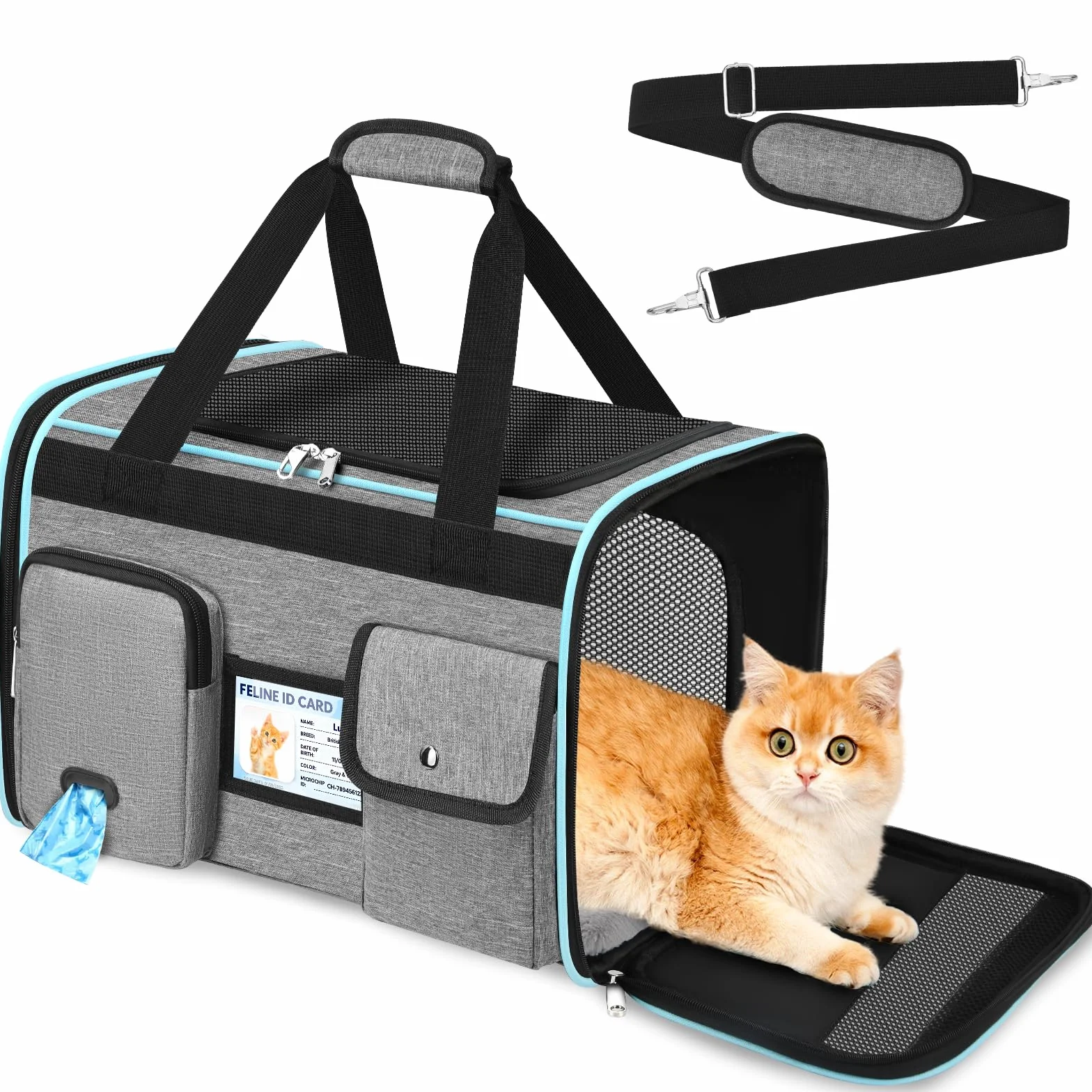 TEUEN Sac Transport Chat Chien Approuvé Aviation Pliable 9kg Tissu Oxford 600D Matelas Amovible Lavable Laisse Sécurité Voyage